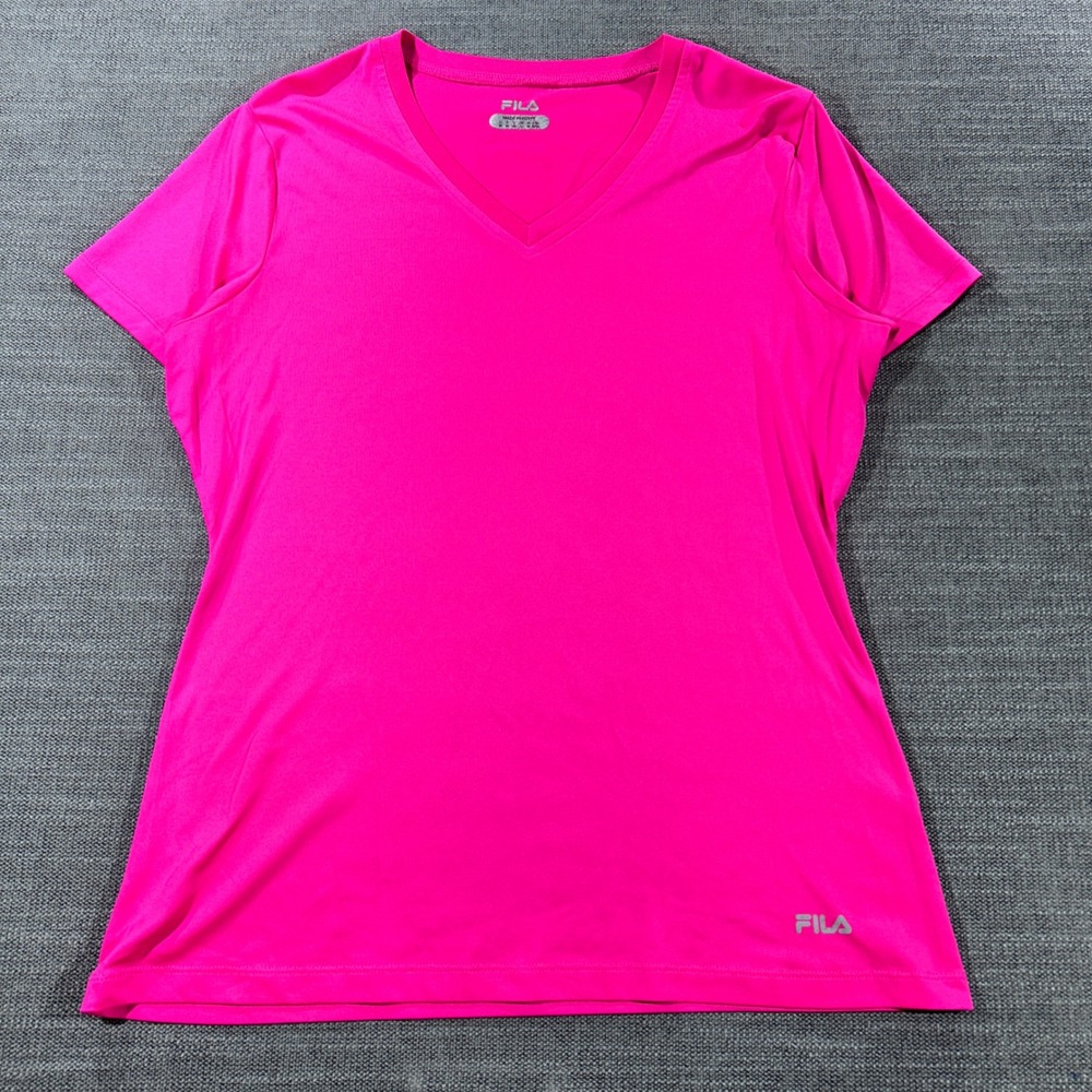 Fila V-Neck Activewear T-Shirt Womens Medium Neon Pink Excellent Workout Top‎